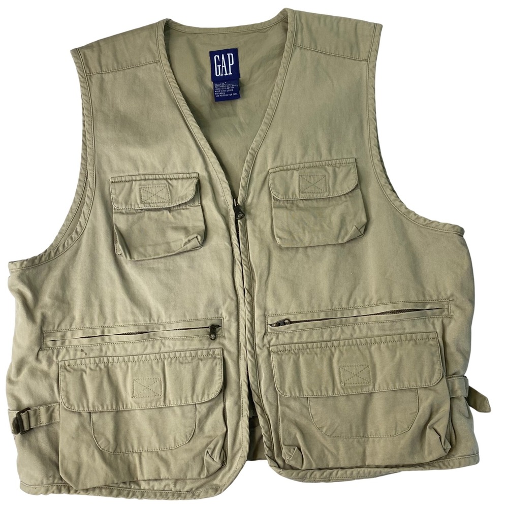 VTG 90s GAP Safari Vest Multi Pocket Men L Khaki Fly Fishing Photography Utility